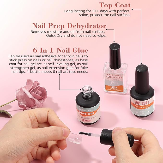 Gel Nail Kit for Beginner, Gel Nail Tips and Glue Gel Kit with 6 in 1 Nail Glue, Nail Prep Dehydrator, Top Coat and 480PCS Coffin Nails Tips Fake Nails Kit Easy Nail Extension Set