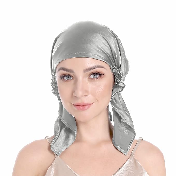 100% Silk Bonnet for Sleeping, Hair Bonnet with Tie Band, Large Silk Sleep Cap for Curly Hair, Silk Hair Wrap for Hair Care Gray