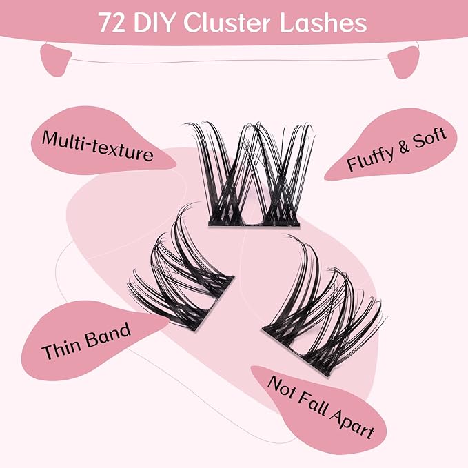 Cluster Lashes, 72 Pcs Individual Lashes, Lash Clusters DIY Eyelash Extension, Super Thin Band Reusable Soft & Comfortable (Infatuation-D-16mm)
