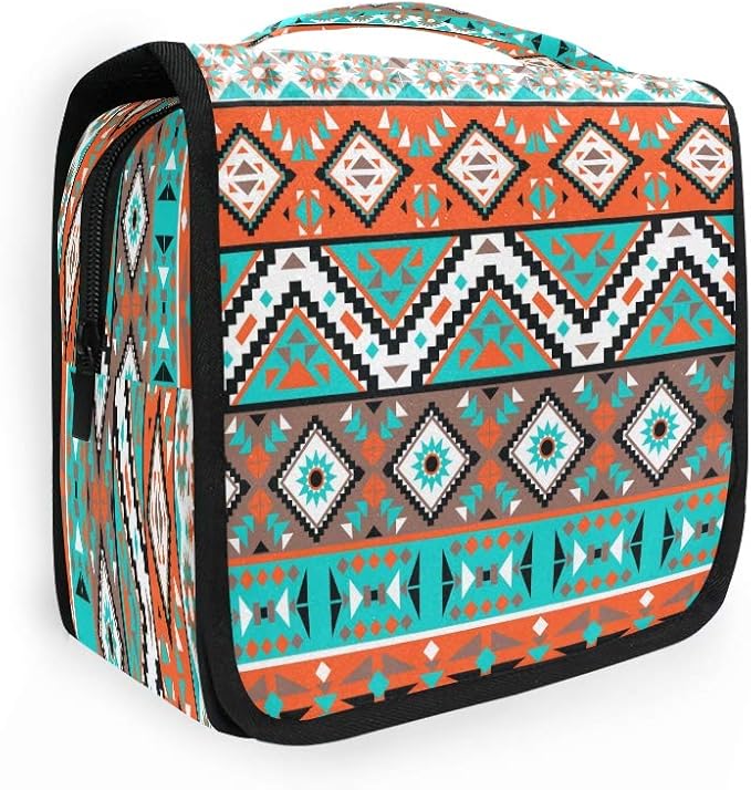 Hanging Toiletry Bag Ethnic Aztec Geometric Portable Travel Cosmetic Makeup Bag Bathroom Shower Shaving Kit Organizer Bag for Men Women