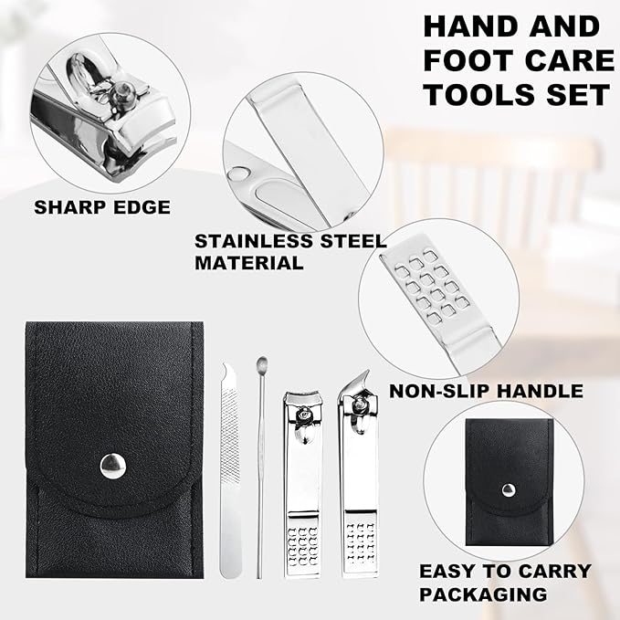 10 Sets Finger Nail Clipper Set Bulk,4 in 1 Black Adult Stainless Steel Travel Manicure Kit with Case Individually Wrapped Nail Clippers Bulk for Homeless,Hotel,Charity