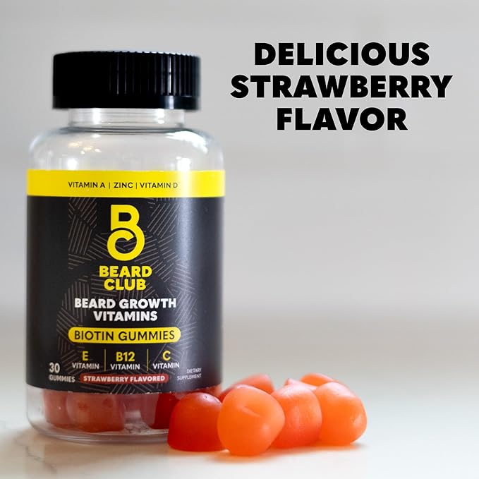 The Beard Club Biotin Beard Growth Vitamin Gummies - Beard and Hair Supplement for Men - Vitamins B12, E, & C to Support a Thicker Fuller Looking Beard - Mens Beard Care - Strawberry Gummy