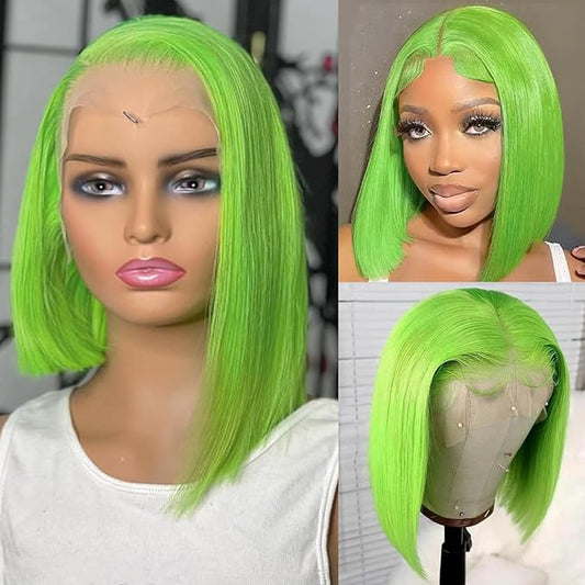 8 Inch Bob Wig Human Hair 13x4 HD Transparent Human Hair Lace Front Wigs Pre Plucked Light Green Short Wigs for Women 180% Density Straight Lime Green Bob Lace Wig with Natural Hairline