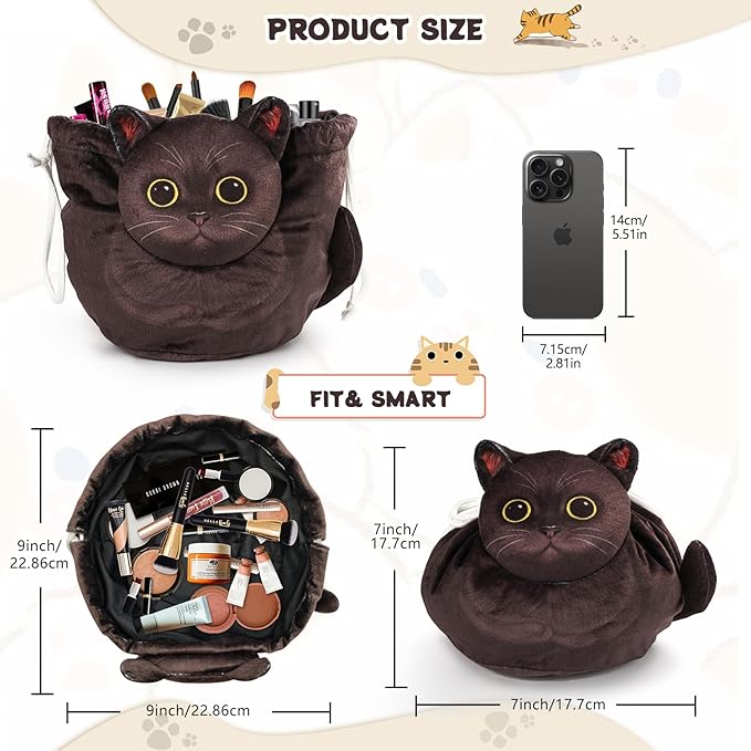 Drawstring Makeup Bag, Cat Makeup Bag, Travel Makeup Organizer, Cosmetic Pouch Bag, Cat Gift for Women, Lay Flat Makeup Bag Gifts for Cat Lovers