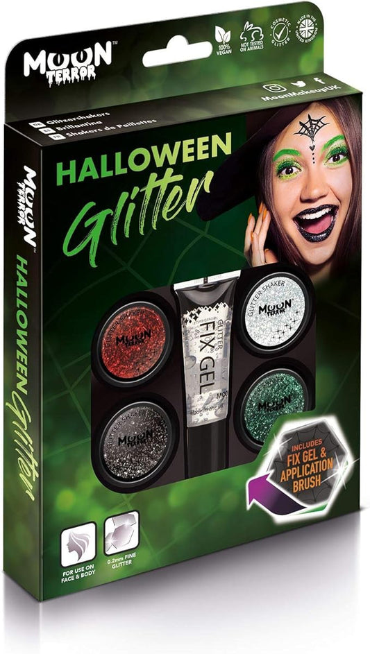 Halloween Glitter Shakers by Moon Terror - Boxset - SFX Make up, Festival Glitter for Face Body Hair, Special Effects Make up - 0.17g