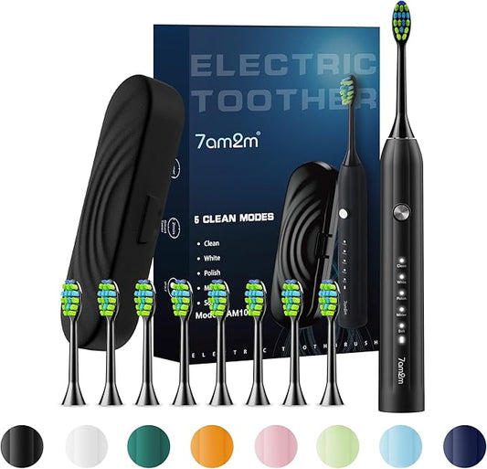 7AM2M Sonic Electric Toothbrush for Adults and Kids, with 8 Brush Heads and Travel Case,5 Modes with 2 Minutes Build in Smart Timer, One Charge Use for 90 Days, Rechargeable Toothbrushes(Black)