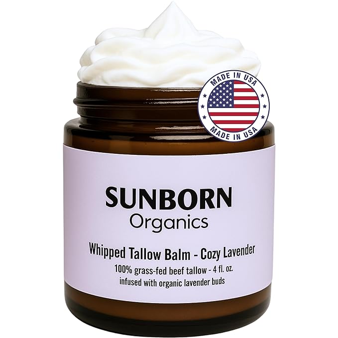 Pure Whipped Tallow Balm | Handmade in USA | 100% Organic Grass-Fed Beef Tallow for Skin | Beef Tallow Face Moisturizer Lotion for Dry Skin, Eczema, Baby, Lip Balm (4oz, Cozy Lavender)