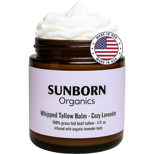 Pure Whipped Tallow Balm | Handmade in USA | 100% Organic Grass-Fed Beef Tallow for Skin | Beef Tallow Face Moisturizer Lotion for Dry Skin, Eczema, Baby, Lip Balm (4oz, Cozy Lavender)