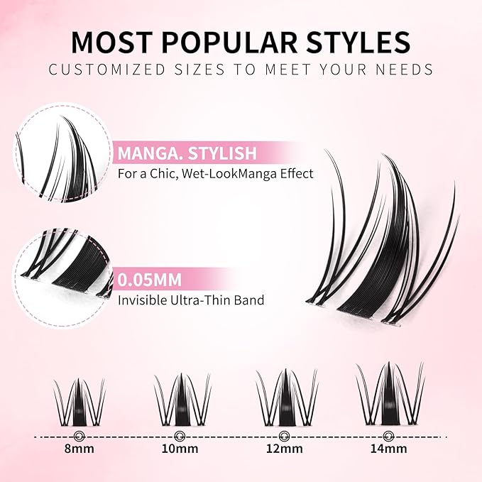 Short Lash Clusters Fairy 8-14mm Manga Lashes Eyelash Clusters Spiky Wet-Look Cluster Lashes C Curl Wispy WideSpan Ultra-Thin Clear Band (Short Fairy Only Lashes)