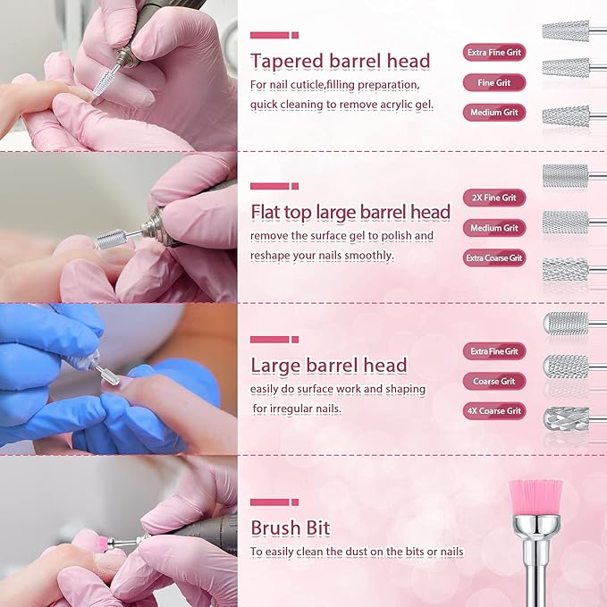 Honoson 10 Pcs Nail Drill Bits Set, 3/32 Inch Tungsten Carbide Bits for Nail Tech, File Remove Acrylic Gel Polish, Manicure Pedicure Tools for Salon Home Supplies(Silver)