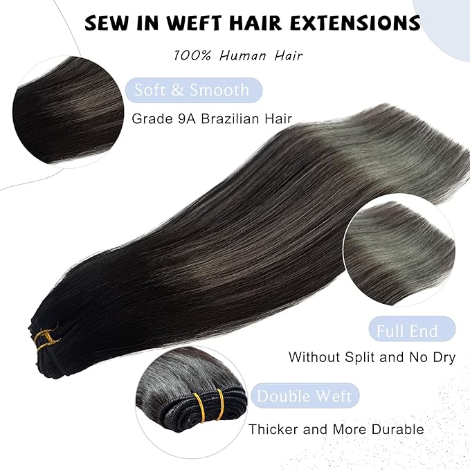 Sew in Bundles Hunan Hair Weft Extensions 24 Inch Ombre Natural Black Balayage Silver Grey Highlights Hair Extensions Real Human Hair Sew in 120G Hand Tied Weft Human Hair Bundles Weave Extensions