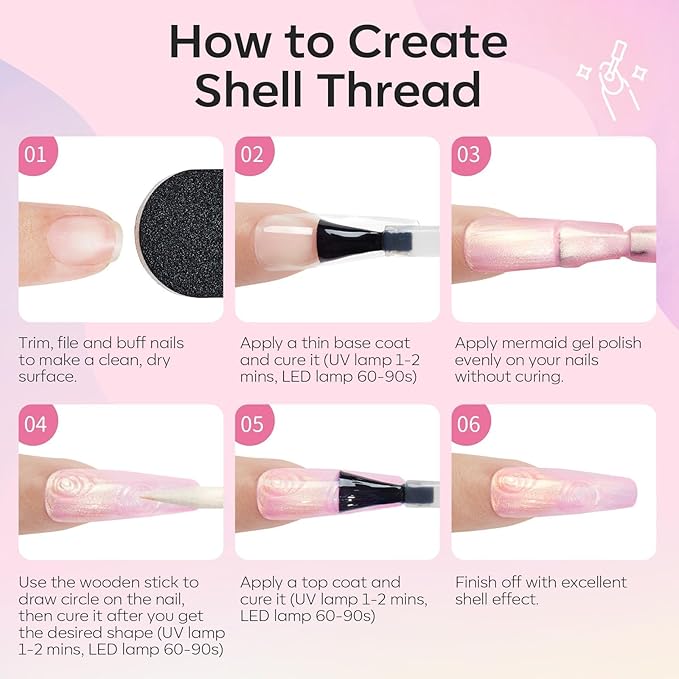 modelones Pearl Gel Nail Polish Set, 6 Colors Ocean Shimmer White Hot Pink Purple Blue Green Mermaid Glitter Gel Polish Soak Off Nail Drawing Nail Gel Polish Swirl Shell Thread Effect DIY Gift