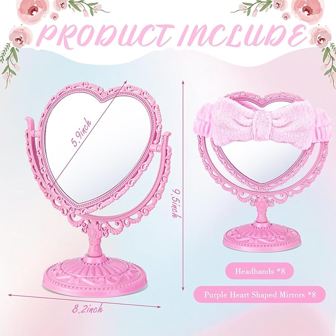 8 Sets Spa Party Mirror 8 Heart Makeup Mirror for Spa Sleepover Slumber Birthday Party Favor Supplies(Pink)