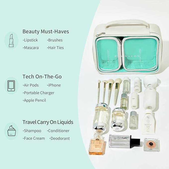 ROWNYEON 3-Piece Premium Cosmetic Organizer Set - Clear PVC & Faux Leather Storage Bags with Jewel-Tone Blue Lining, Waterproof Travel Toiletry Cases for Home/Carry-On (Jumbo/Medium/Mini)