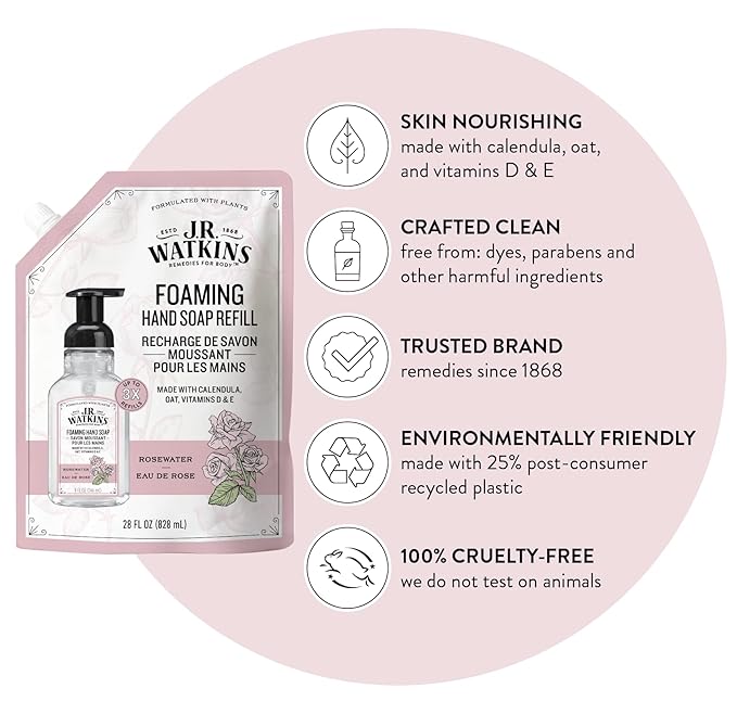 J.R. Watkins Foaming Hand Soap Refills, All Natural, Alcohol-Free Hand Wash, Cruelty-Free, Moisturizing Soap Refill for Bathroom or Kitchen, Rosewater, 28 fl oz Foam Refill, 3 Pack