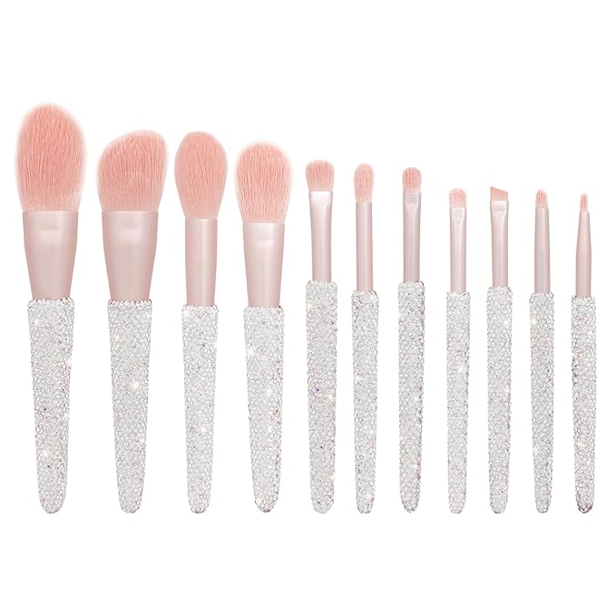 Professional Makeup Brushes Set 11PCS Bling Rhinestone Face Cosmetics Blending Liquid Foundation Powder Concealer Eye Shadows Make Up Beauty Tool Glitter (White)