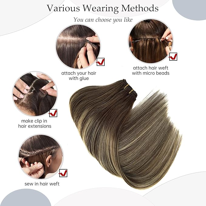 Sew in Hair Extensions Real Human Hair Weft Hair Extensions 14 Inch Ombre Ash Brown to Ash Blonde Balayage Blonde Highlights Hair Weft Extensions Human Hair Weave Bundles 80G Hair Weft Extensions