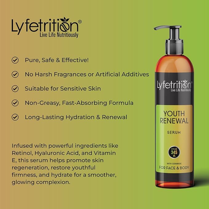 Lyfetrition Youth Renewal Serum (Skin and Face Formula) | 12 fl oz Large Bottle | With Aloe and Retinol