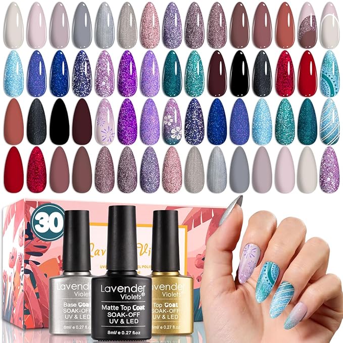Lavender Violets 30 Pcs Gel Nail Polish Set, 27 Colors Purple Blue Brown Red with Glitter Glossy Matte Gel Base and Top Coat Set for Nail Art C975