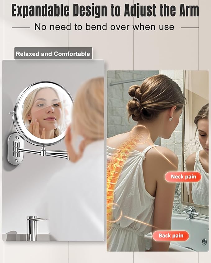30X/1X Wall Mounted Lighted Makeup Mirror, 8'' Double Sided Rechargeable Magnifying Bathroom Mirror with Light, 3 Color Lights Touch Dimmable Extended Arm 360 Rotation Light up Mirrors