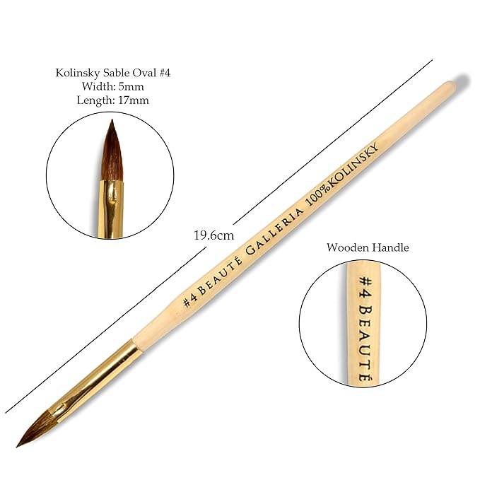 Beaute Galleria 3 Pieces Kolinsky Sable Oval Acrylic Nail Art Brush Set, Manicure Detail Painting Nail Art Pen (Size 4, 8, 10)