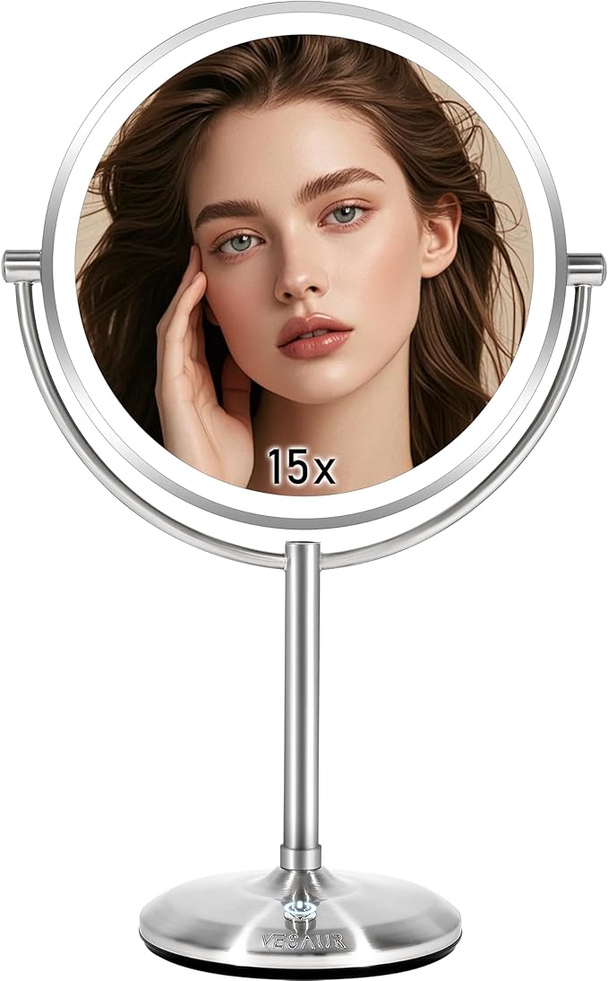 VESAUR 1X15X HD Lighted Makeup Mirror, 9" Large 5000mAh Rechargeable Double Sided Magnifying Mirror with 3 Touch Dimmable Light, 360°Rotation Detachable for Travel Vanity Mirror, Pearl Nickel, Gifts
