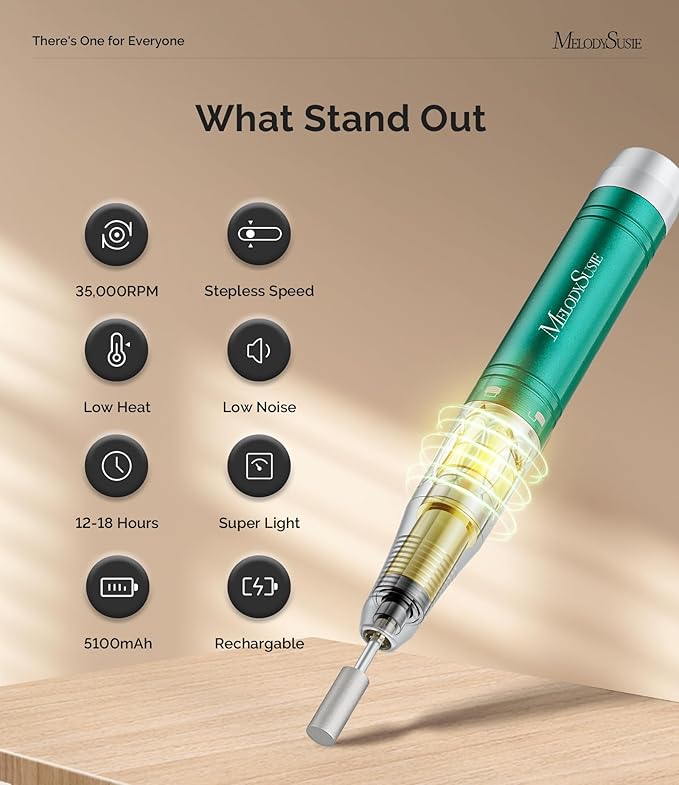MelodySusie MB450C Nail Drill Machine, Professional E File for Acrylic Nail, 35000RPM Rechargeable Cordless Portable Electric Nail File 8 Nail Drill Bit Set - Jade Plus