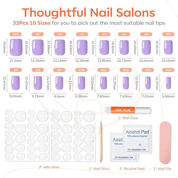 Modelones Purple Press on Nails, Spring Easter Short Square Fake Nails, Reusable Nail Kit with Nail Glue Adhesive Tabs Mini Nail File, Nails Press Ons 32Pcs 16 Sizes, Women Girl Gift