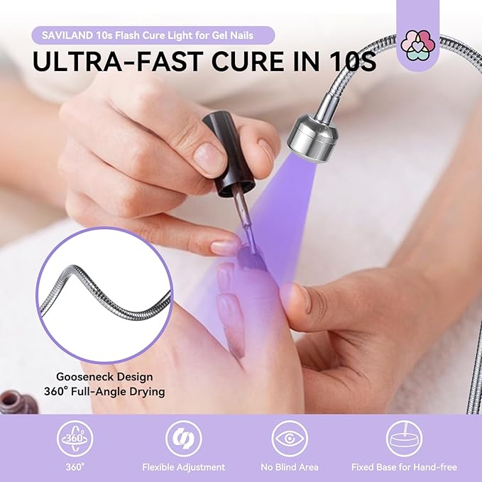 SAVILAND Gooseneck U V Lamp for Gel Nails:Touch Switch 12W U V Nail Lamp 5S Quick Drying LED Fast Curing Lamp Rechargeable Gel Lamp 3Timers Setting 360° Adjustable Home Salon Manicure Nail Dryer