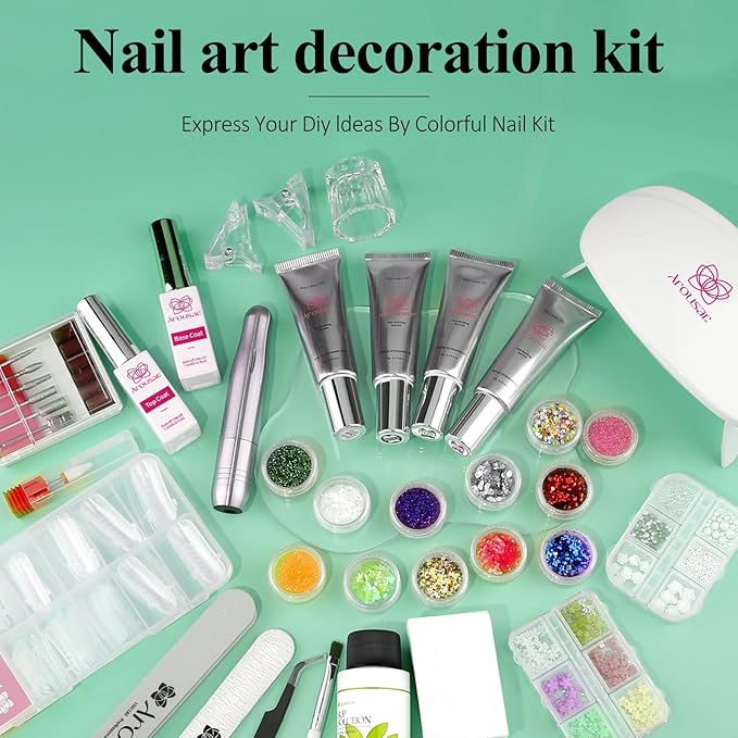 Poly Nail Gel Kit, 15ml*4pcs Nail Extension Gel, Clear White Builder Nail Gel with Top and Base Coat, Slip Solution, Nail Lamp&Drill, DIY Salon at Home for Beginner and Professional