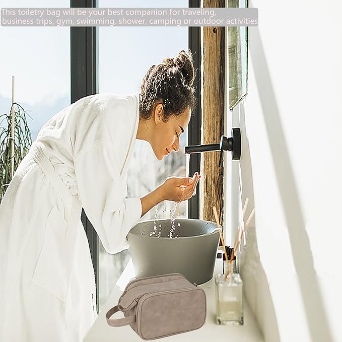 Travel Toiletry Bag for Women PU Leather Triple-layer Double Zipper Toiletry Bags,Waterproof with Handle Mens Toiletry Bag Stowable Brushes, Toiletries Makeup for Business Trips Camping Bathroom Brown