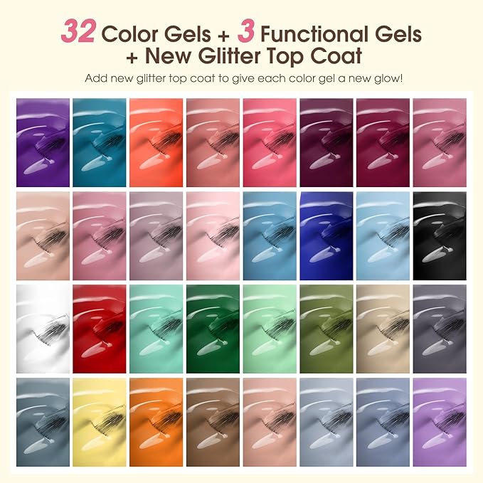 ROSALIND 36 PCS Gel Nail Polish Set-32 Colors Gel Polish Kit Base Coat Glossy Matte and Glitter Top Coat Nail Polish Set Green Blue Red Pink Collection Gifts for Women