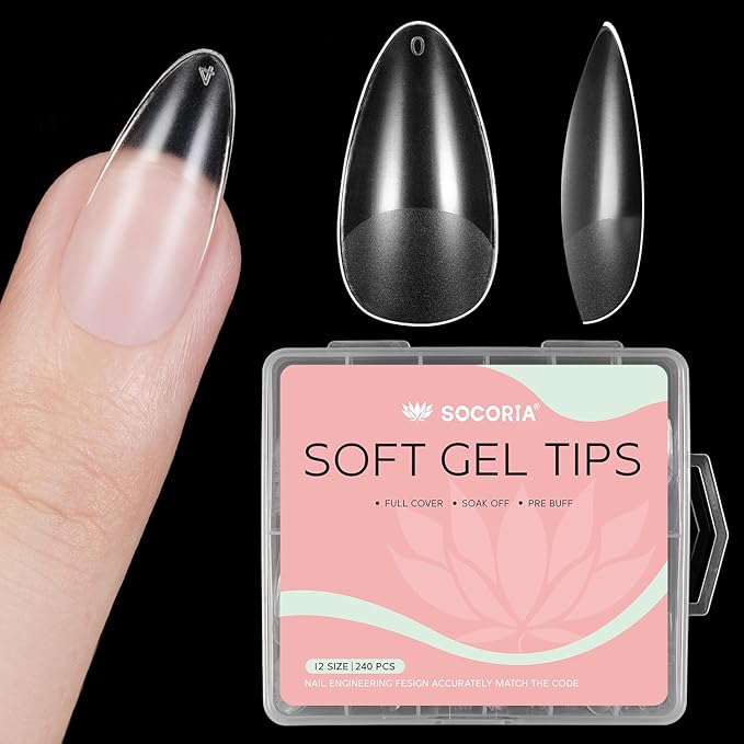 Almond Shape Nail Tips, 240PCS Full Matte Half Clear Soft Gel, Full Cover Nail Tips, Pre-shaped Soak Off False Nail for Salon DIY Nail Art - 12 Sizes
