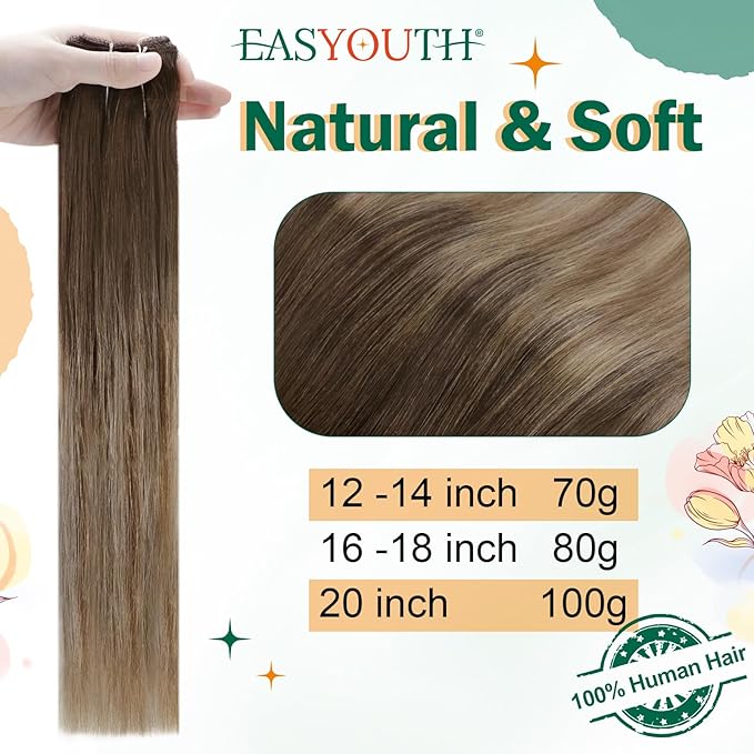 Easyouth Wire Hair Extensions Human Hair Balayage Dark Brown Ombre Chestnut Brown with Ash Blonde Hair Extensions Secret Wire Hairpiece Human Hair with Adjustable Clips 14 inch 70g