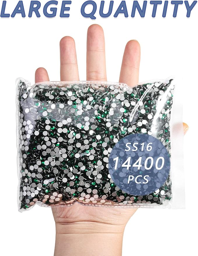 Beadsland Flatback Rhinestones Bulk,14400pcs Green Rhinestones for Nails Crafts Clothes DIY Decoration, Emerald, SS16, 3.8-4.0mm