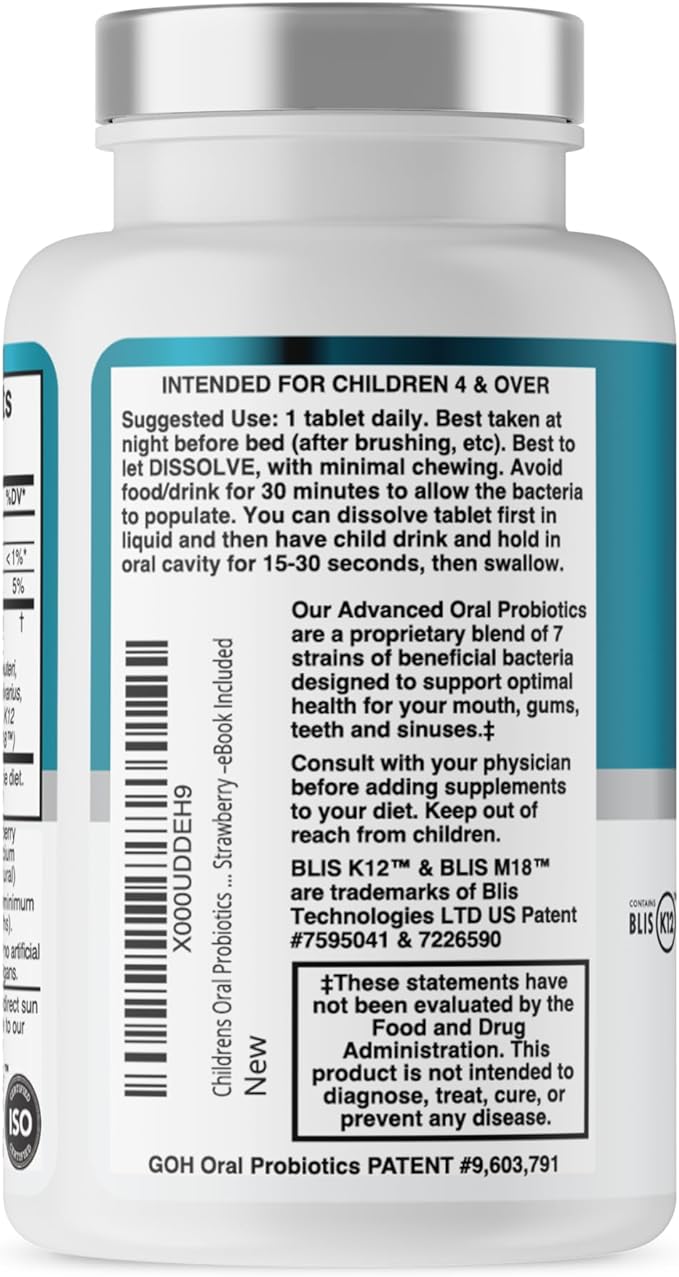 Oral Probiotics for Mouth Bad Breath Treatment for Kids Dental Care & Cavity Prevention with BLIS K12 M18 – Dr Formulated Dental Probiotics for Teeth and Gums, 30 Chewable Tablets Strawberry Vanilla