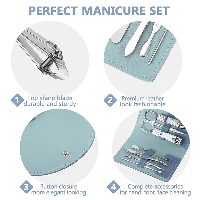 12 Set Manicure Set Bulk Mini Manicure Nail Clipper Kit 7 in 1 Stainless Steel Professional Nail Care Pedicure with Travel Portable Bag Grooming Kits for Women Men Home(Dark Blue)
