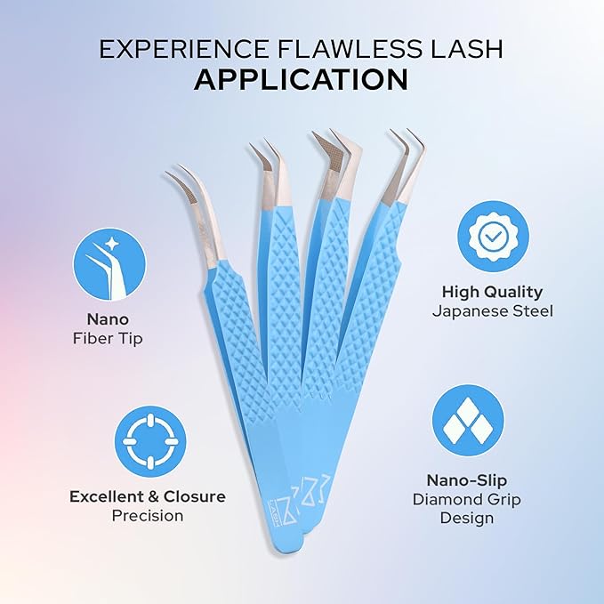 M LASH Tweezers for Eyelash Extensions (Set of 4) - Professional Lash Extension Tweezers - Fiber Tip, Japanese Steel, Diamond Grip Eyelash Extension Tweezer (Gold)