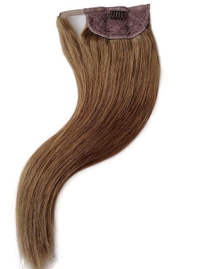 Ponytail Hair Extensions Remy Hair Ponytail Extension Clip in Hair Extensions Wrap Around Ponytail Hair Extensions Ash Brown Human Hair 16 inch Ponytail Natural Hair Extensions Straight for Women 80G