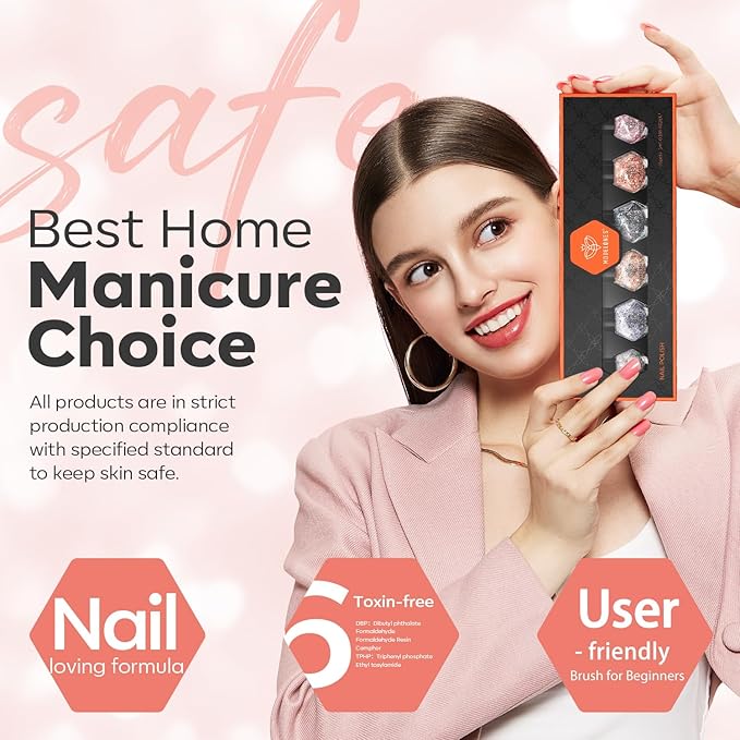 modelones Glitter Nail Polish 6 Colors Holographic Sparkle Glitter Mini Nail Polish Set Flash Diamond Black Silver Gold Quick Dry Manicure Diy Nail Art Salon Gift For Women Girl