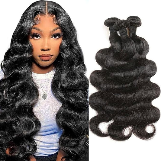 12A Human Hair Bundles 16 16 16 Inch Body Wave Bundles Human Hair 100% Unprocessed Brazilian Virgin Bundles Deals Weave Extensions Natural Black Color 3 Bundle
