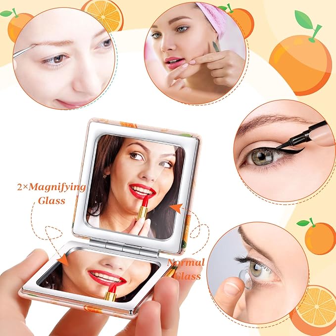 Vicenpal Compact Mirrors Small Pocket Fruit Design Mini Magnifying Portable Makeup Compact Pu Leather Double Sided Pocket Mirror for Women Girls Mother Kids Gift(6 Pcs)