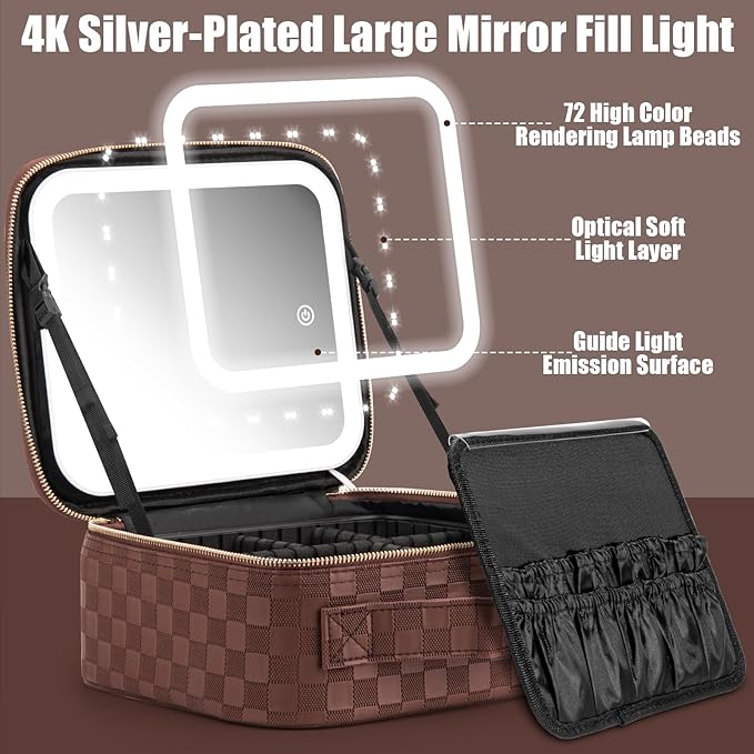 Makeup Travel Train Case with Mirror LED Light 3 Adjustable Brightness Cosmetic Bag Portable Storage Adjustable Partition Waterproof Makeup Brushes Makeup Jewelry Gift for Women