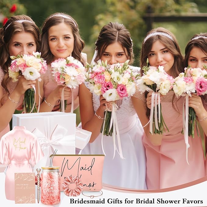Irenare 8 Pcs Proposal Gifts Set Robes Makeup Bag Cup Cards Hair Tie Bracelet Diamond Pen Bridesmaid Gift Box(Pink,Maid of Honor)