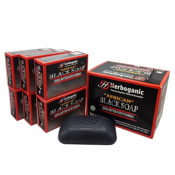 African black soap with cocoa butter and Vitamin E Herbal Soap | Pack of 6 of 5oz soap Bar | Ideal for Men and Women, Soothing and Nourishing Soap for Moisturization