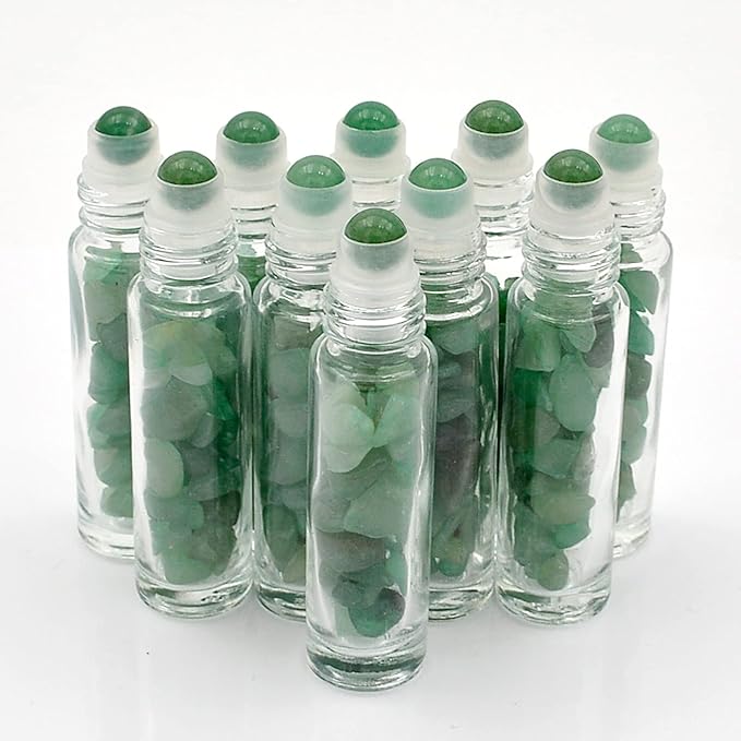Essential Oil Roller Bottle 10ml w EVA Carrying Travel Case（Clear Glass Bottle with silver Cap、10pack、Gemstone Roller Balls、Crystal Chips Inside、Opener Gemstone Roller Ball Bottles