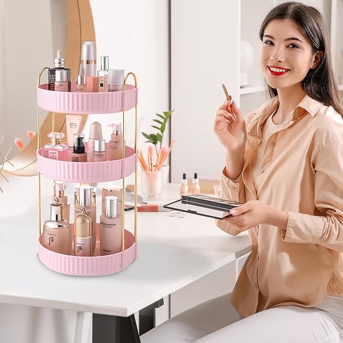 Aveniee 360 Rotating Makeup Organizer for Vanity, Skincare Make Up Organizers Large, Spinning Bathroom Counter Organizer Shelf Holder for Cosmetics, Skin Care, Lipsticks(3 Tiers, Pink)