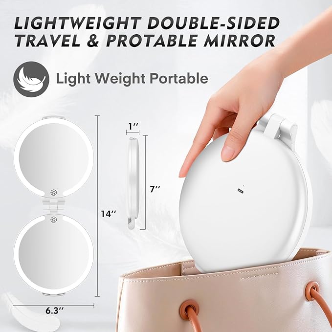 FUNTOUCH Lighted Travel Makeup Mirror, Rechargeable 1X/10X Magnifying Mirror with Light, Travel Makeup Mirror,Touch Switch Light up Mirror for Plucking Eyebrows (7in)