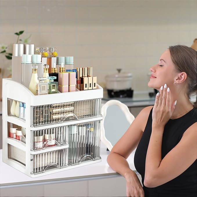 Large Makeup Organizer for Counter With 4 Drawers Cosmetic Organizer Countertop Make up Organizers for Vanity White Makeup Skincare organizers Storage Box