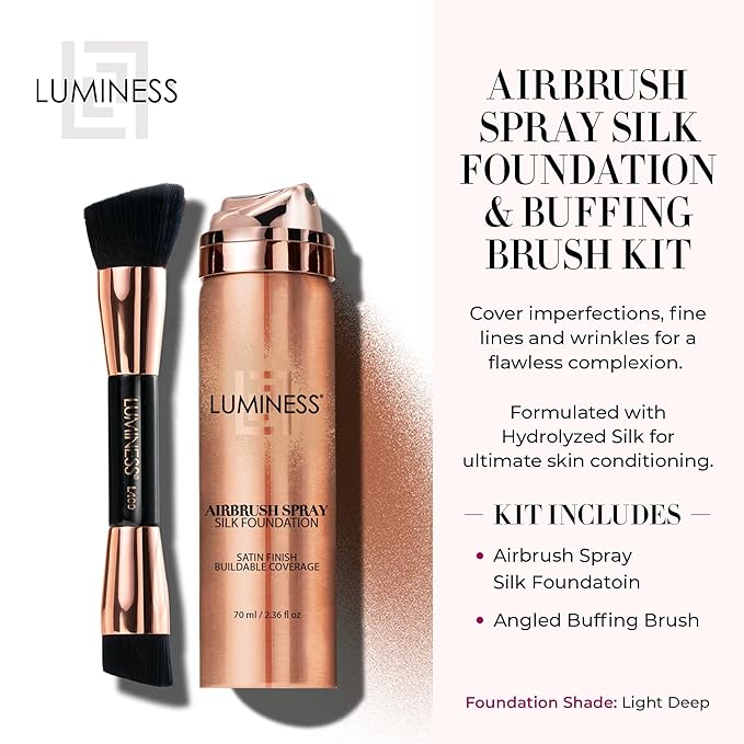 LUMINESS Silk Airbrush Spray Foundation & Buffing Brush Kit – Full Coverage Foundation & Dual-Sided Buffing Brush - Buildable Coverage, Anti-Aging Formula Hydrates & Moisturizes (Shade - Light Deep)